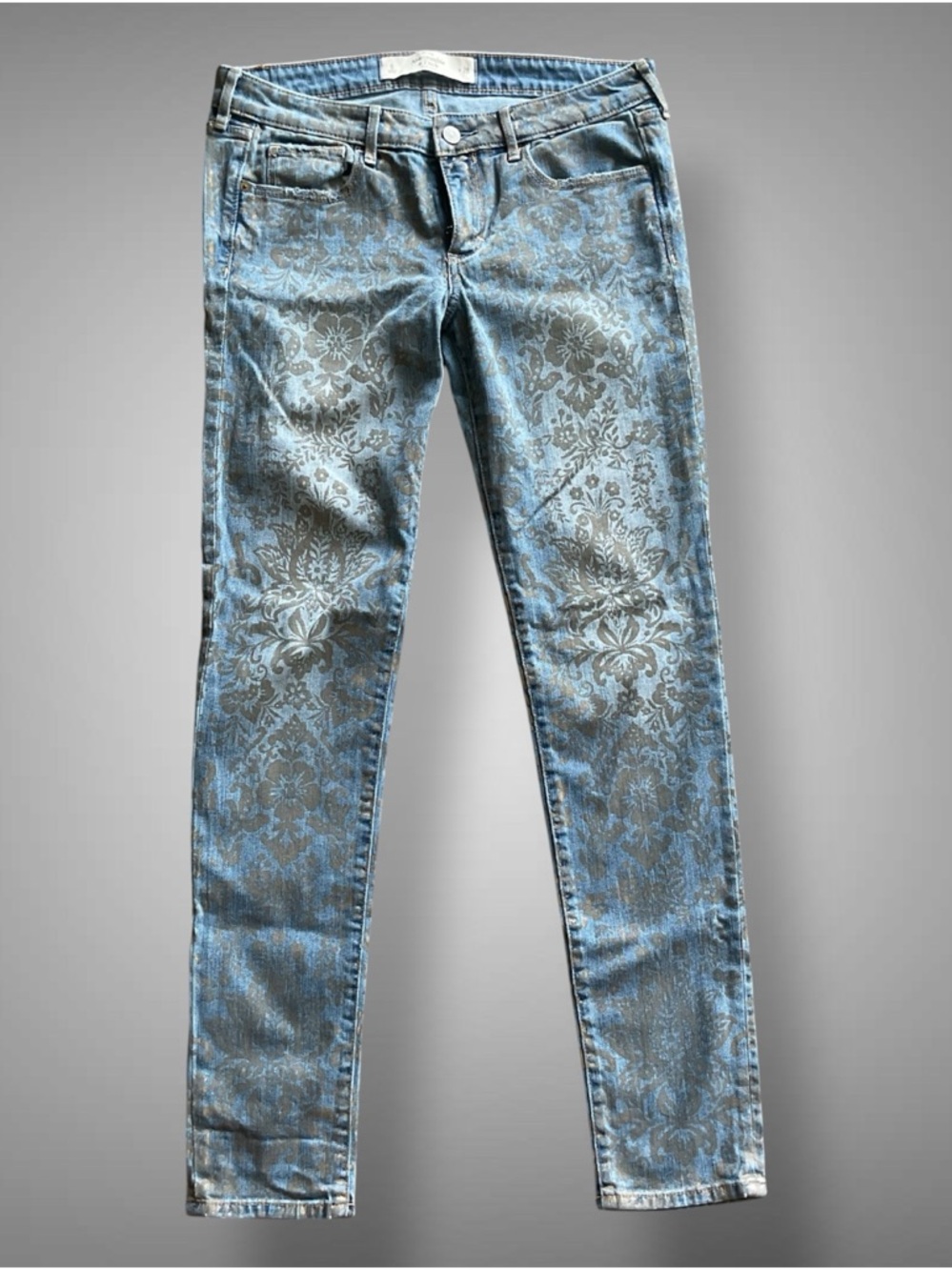 Abercrombie & Fitch Blue With Gold Damask Floral Pattern Skinny Jeans size 28